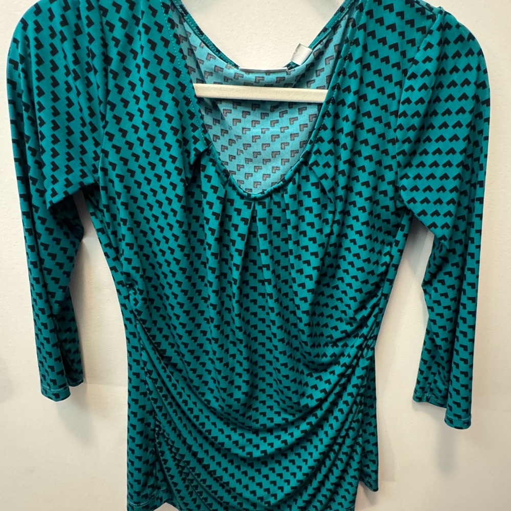 New York & Company Teal and Black Patterned Blouse